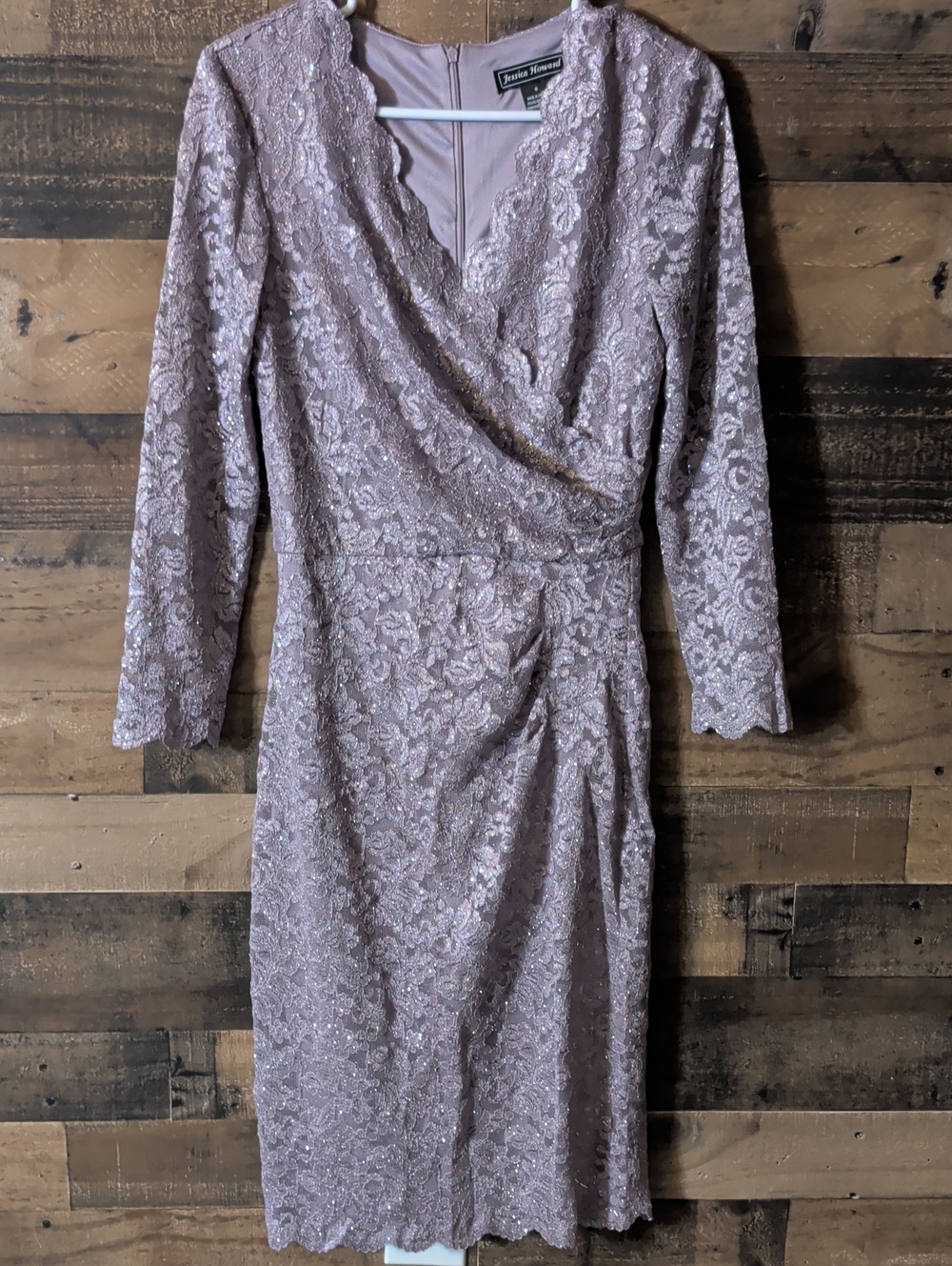 Jessica Howard Blush Lace Surplice Long Sleeve Sheath Dress